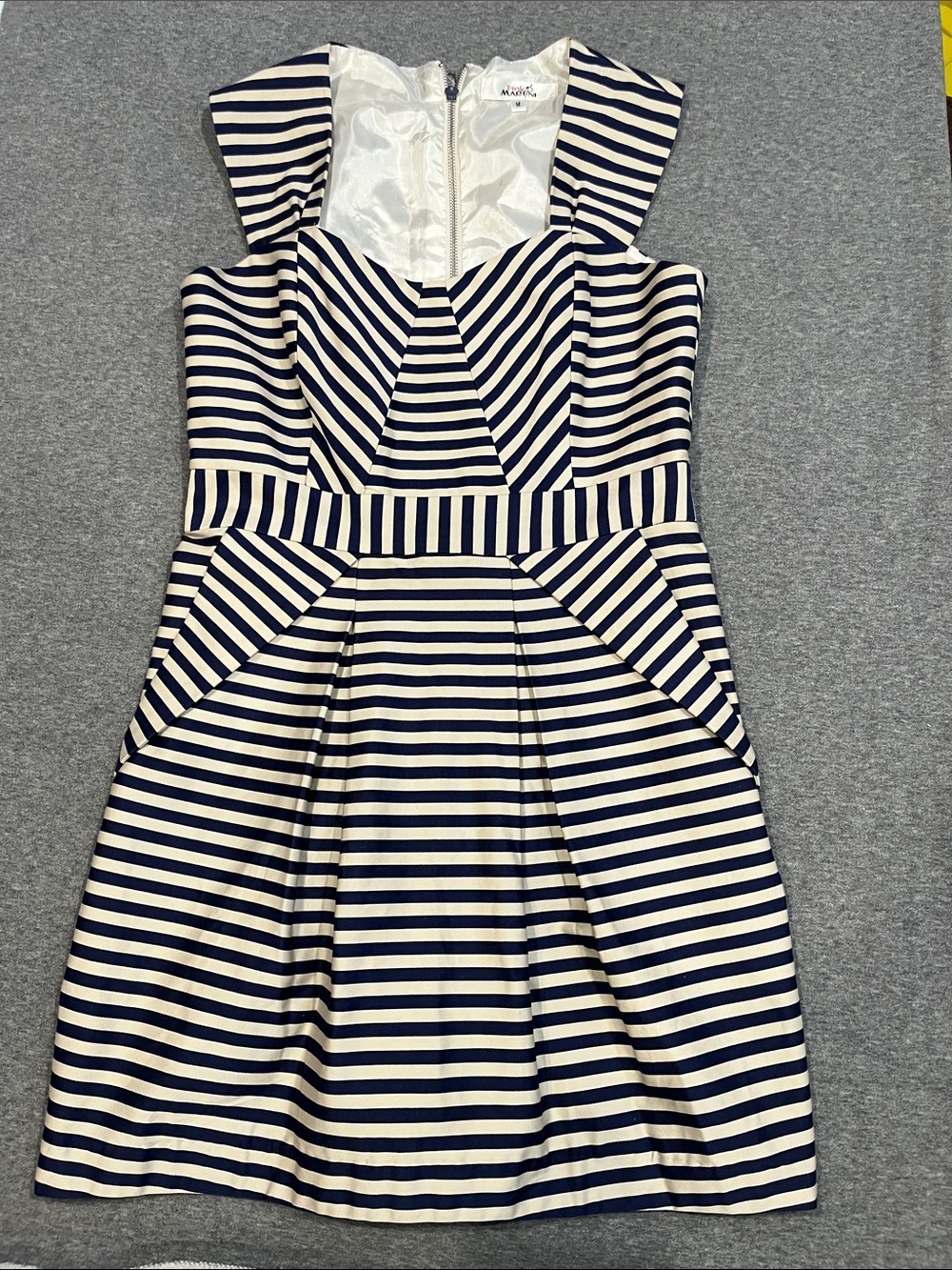 PINK MARTINI navy and tan stripes midi dress with pockets, size M